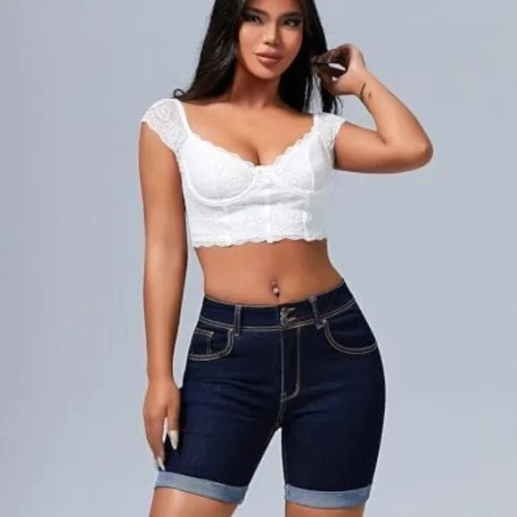 Women's Mid Rise Skinny Butt Lifting Stretchy Bermuda Jeans Shorts